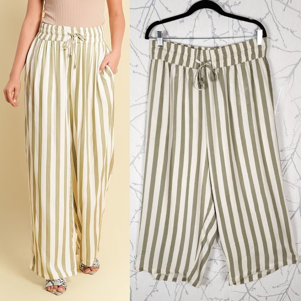 Tamsy Green Stripe High Rise Drawstring Wide Leg Palazzo Pants